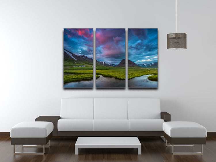 Farmland 3 Split Panel Canvas Print showcasing vibrant nature scenes in three panels, enhancing interior decor.