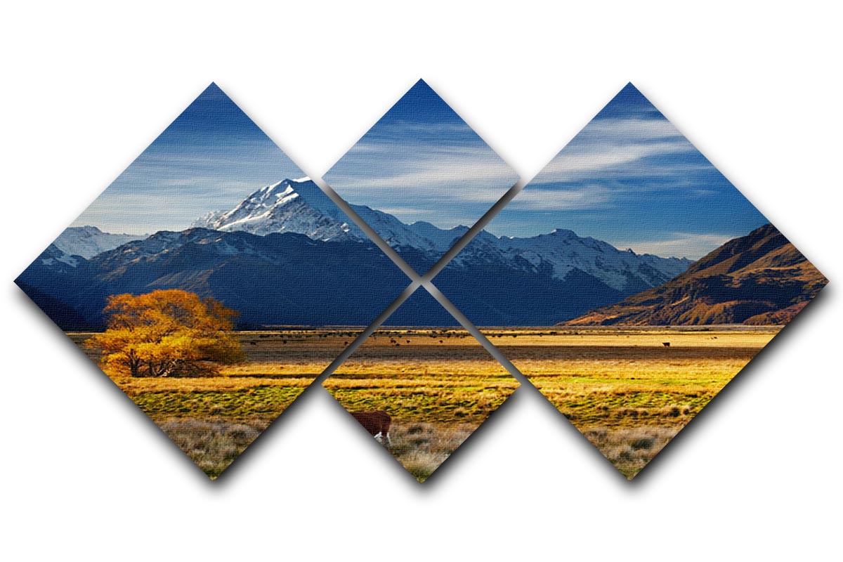 A beautiful 4-panel canvas artwork depicting farmland with grazing cows and Mount Cook in the background, showcasing vibrant colors and serene landscape.
