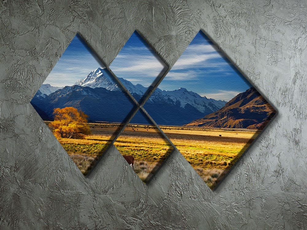 A beautiful 4-panel canvas artwork depicting farmland with grazing cows and Mount Cook in the background, showcasing vibrant colors and serene landscape.