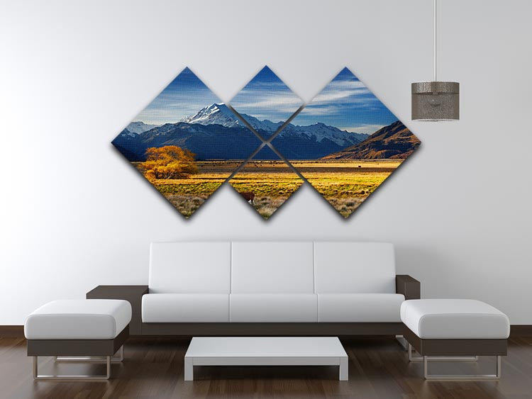 A beautiful 4-panel canvas artwork depicting farmland with grazing cows and Mount Cook in the background, showcasing vibrant colors and serene landscape.