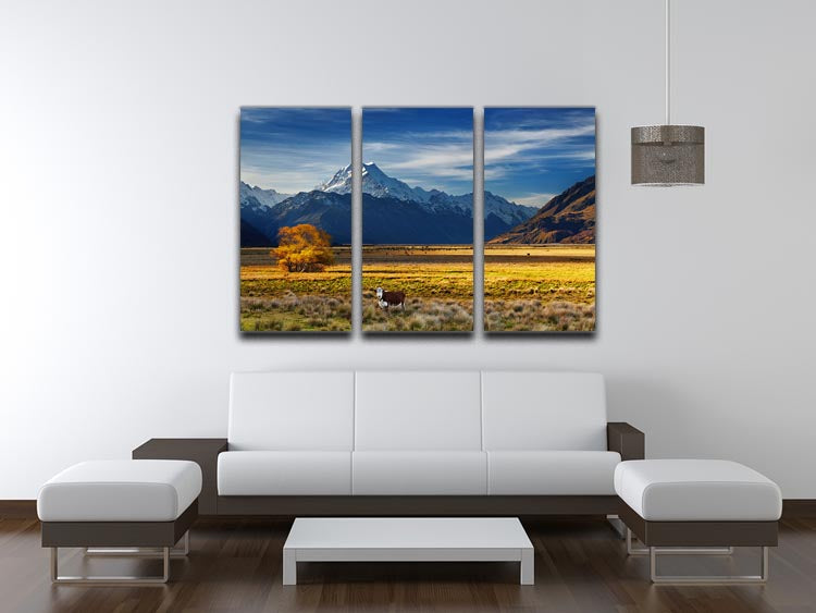 A beautiful 3-panel canvas art depicting grazing cows with Mount Cook in the background, showcasing nature's beauty.