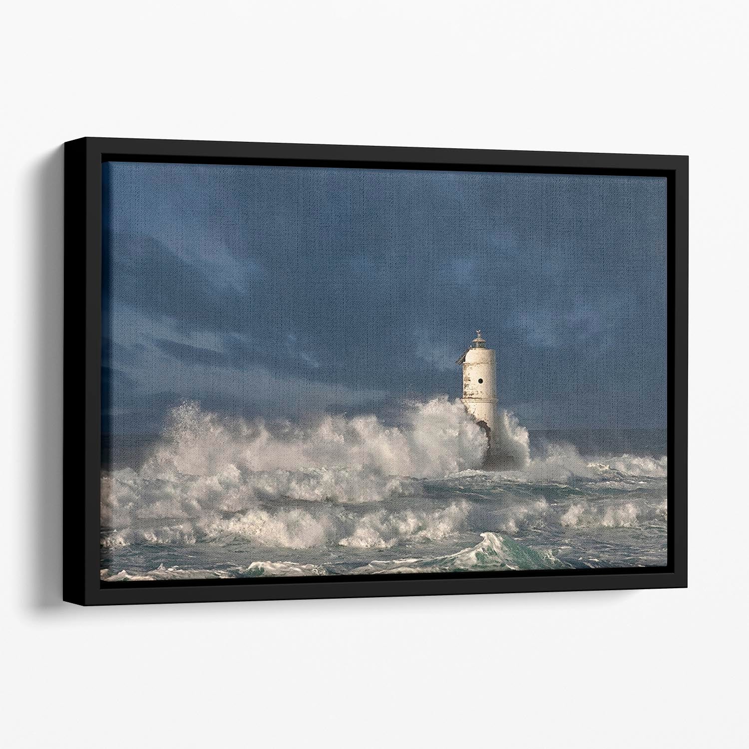 Faro Di Mangiabarche Calasetta-Sardegna Floating Framed Canvas featuring vibrant abstract art in a sleek wooden frame.
