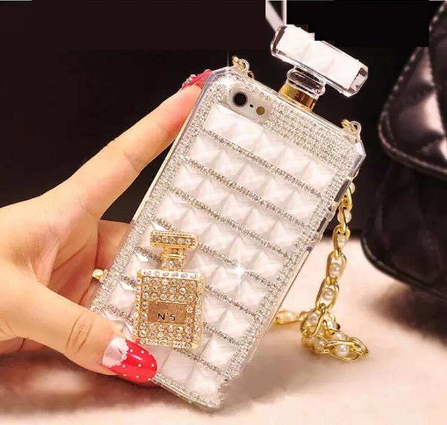 Fashion Diamond Perfume Bottle Cell Phone Case with Chain Lanyard, adorned with rhinestones and crystals, showcasing a unique design.