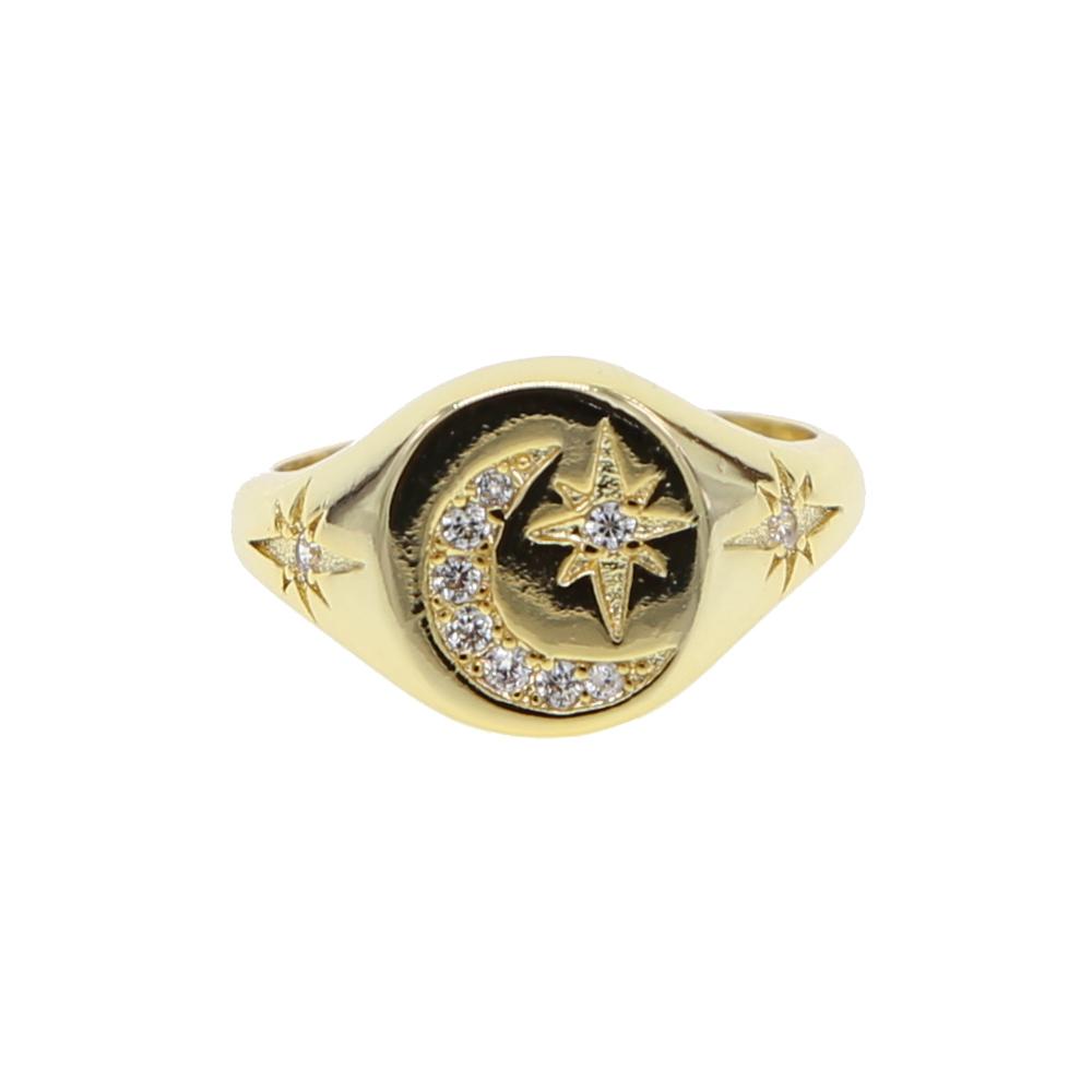 Fashion Hip Hop CZ Crescent Moon Northstar Ring in gold color, featuring cubic zirconia stones set in brass, designed for boys and men.