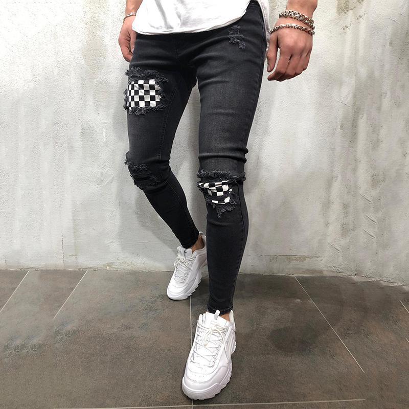 Fashion Men's Jeans featuring lattice patchwork design, casual skinny fit, and mid-rise waist, made from soft modal fabric.