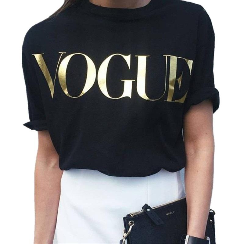 Stylish women's fashion t-shirt featuring a gold VOGUE letter design, available in multiple colors and sizes.