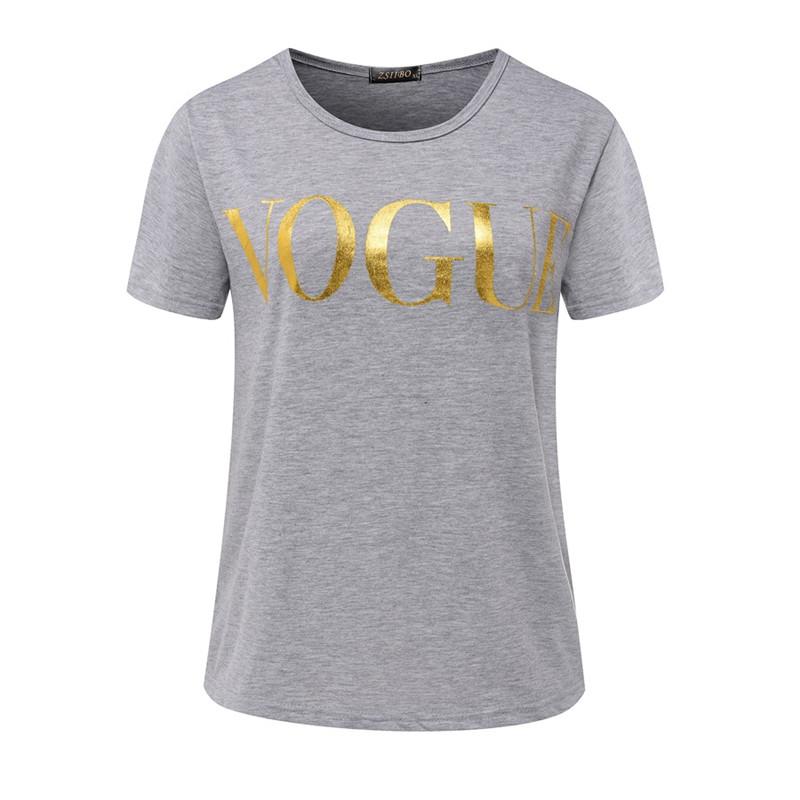 Stylish women's fashion t-shirt featuring a gold VOGUE letter design, available in multiple colors and sizes.