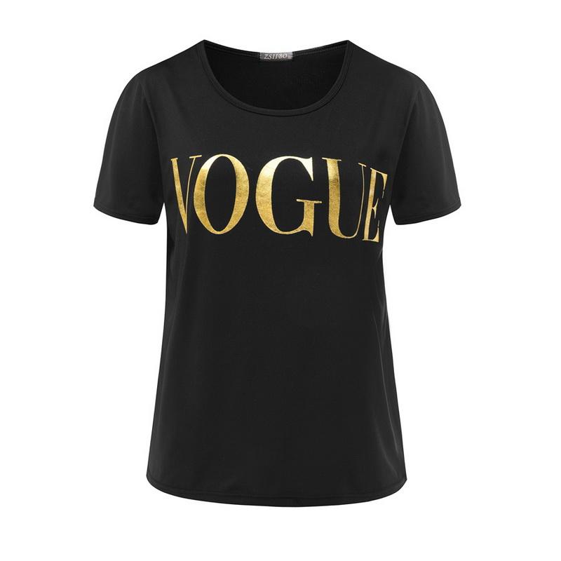 Stylish women's fashion t-shirt featuring a gold VOGUE letter design, available in multiple colors and sizes.