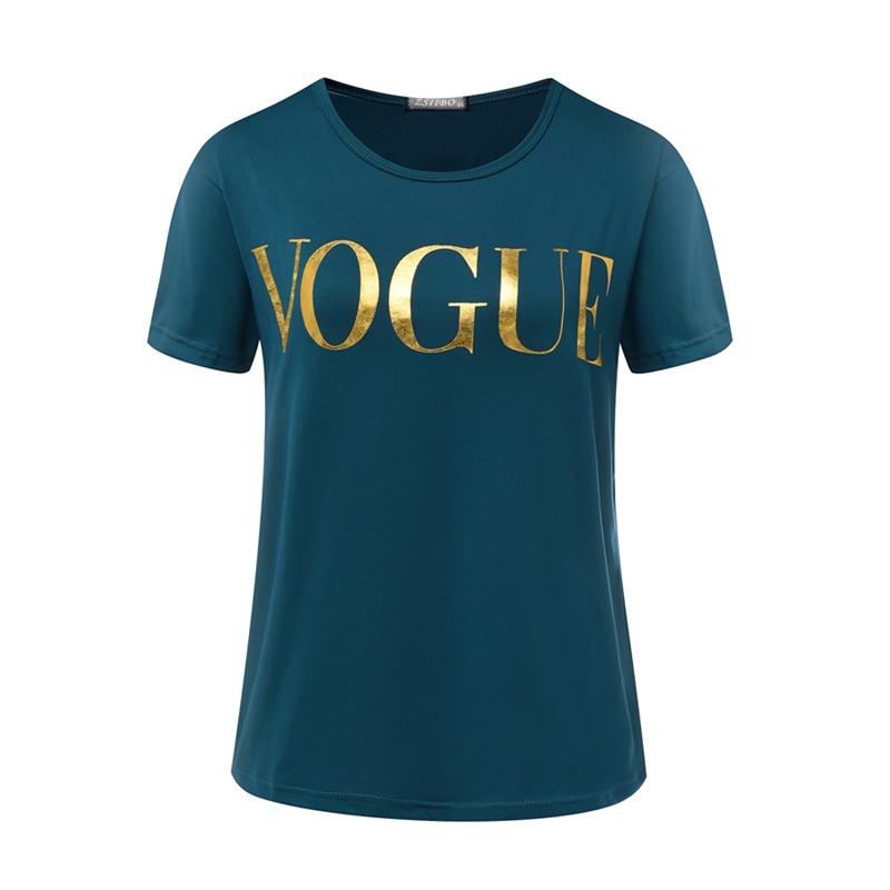 Stylish women's fashion t-shirt featuring a gold VOGUE letter design, available in multiple colors and sizes.