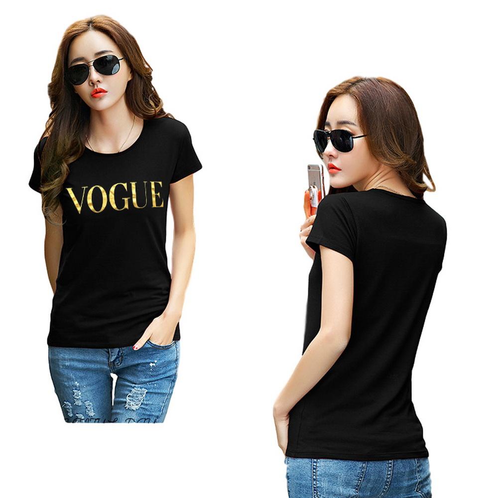 Stylish women's fashion t-shirt featuring a gold VOGUE letter design, available in multiple colors and sizes.