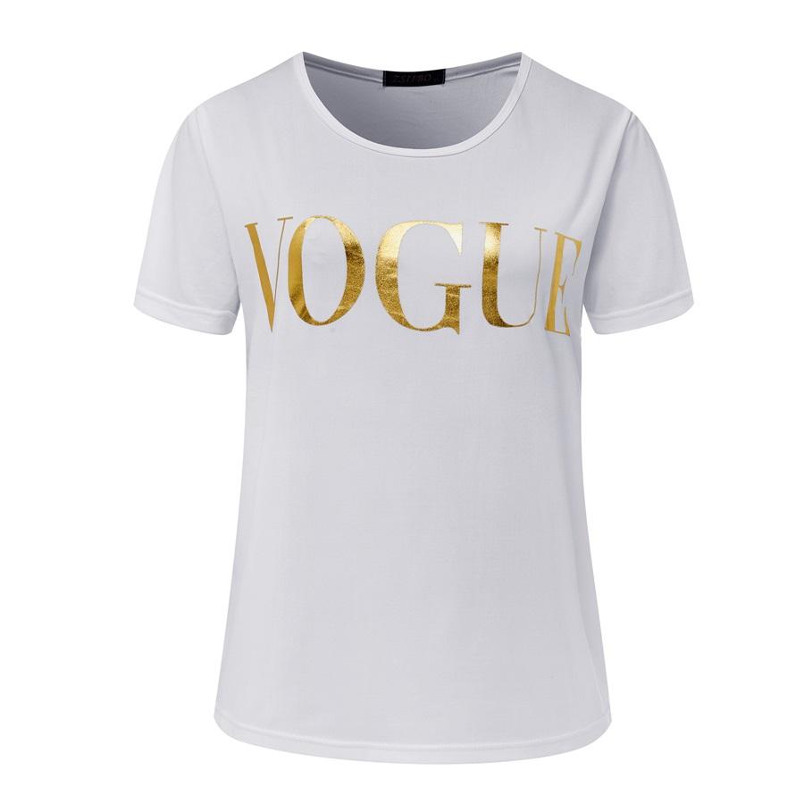 Stylish women's fashion t-shirt featuring a gold VOGUE letter design, available in multiple colors and sizes.