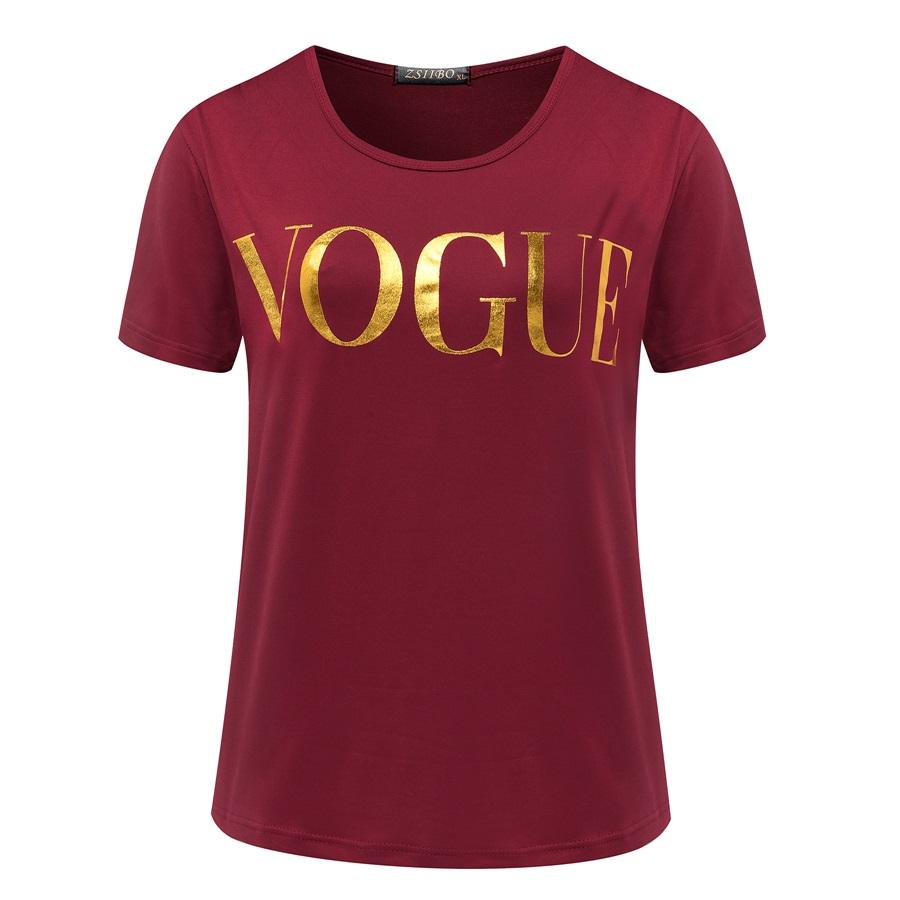 Stylish women's fashion t-shirt featuring a gold VOGUE letter design, available in multiple colors and sizes.