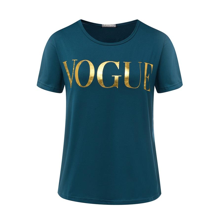 Stylish women's fashion t-shirt featuring a gold VOGUE letter design, available in multiple colors and sizes.
