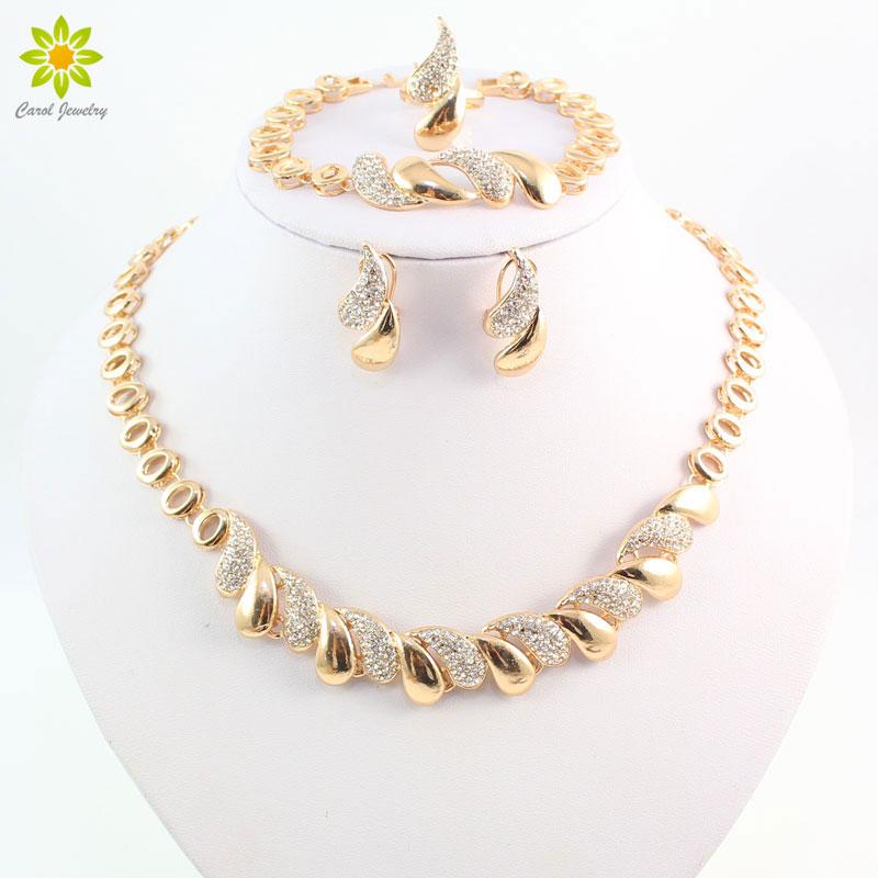 Fashion Women African 18K Gold Plated Necklace and Earrings Set, showcasing elegant design with crystals, perfect for parties and special occasions.