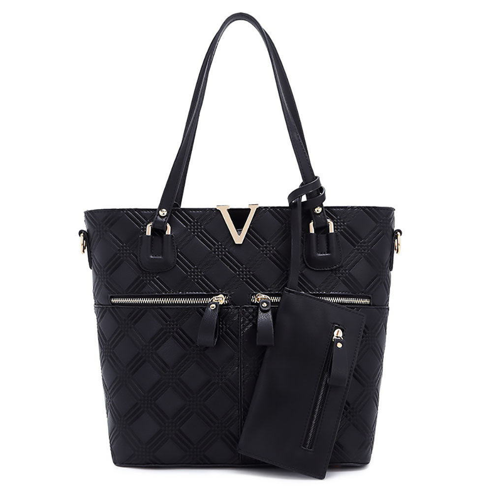 Fashionable BLACK ladies bags made of elegant PU plaid, featuring stylish hardware and multiple pockets for organization.