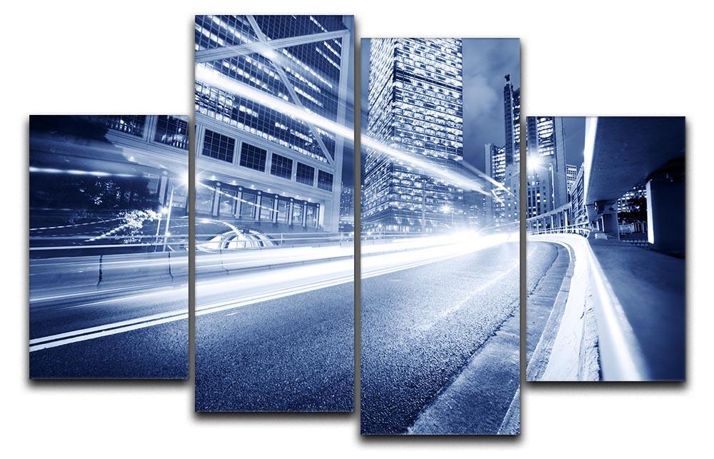 A vibrant 4-split canvas artwork featuring fast moving cars and blurred city lights, creating a dynamic urban scene.
