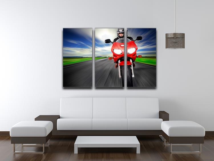 Fast Red Motorbike 3 Split Panel Canvas Print showcasing a vibrant motorbike design across three panels.
