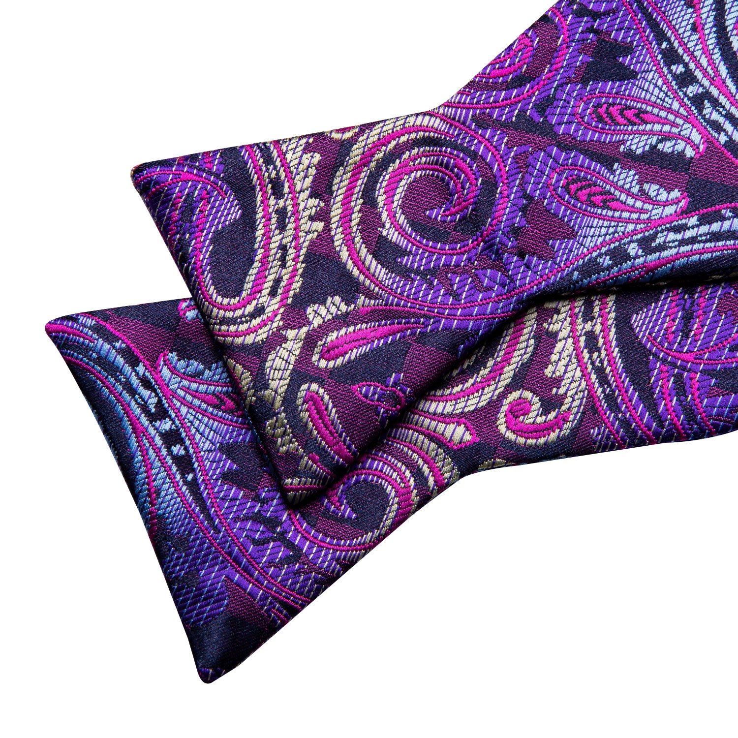 Luxury Purple Paisley Silk Self Bow Tie Set with matching handkerchief, showcasing elegant design and high-quality silk material.