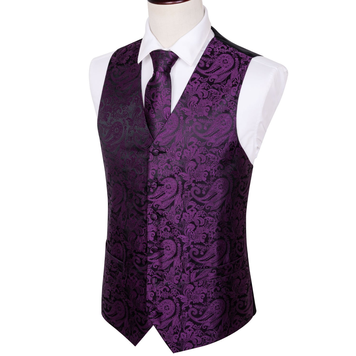 Men's Classic Purple Paisley Silk Jacquard Waistcoat featuring elegant design and adjustable waist.