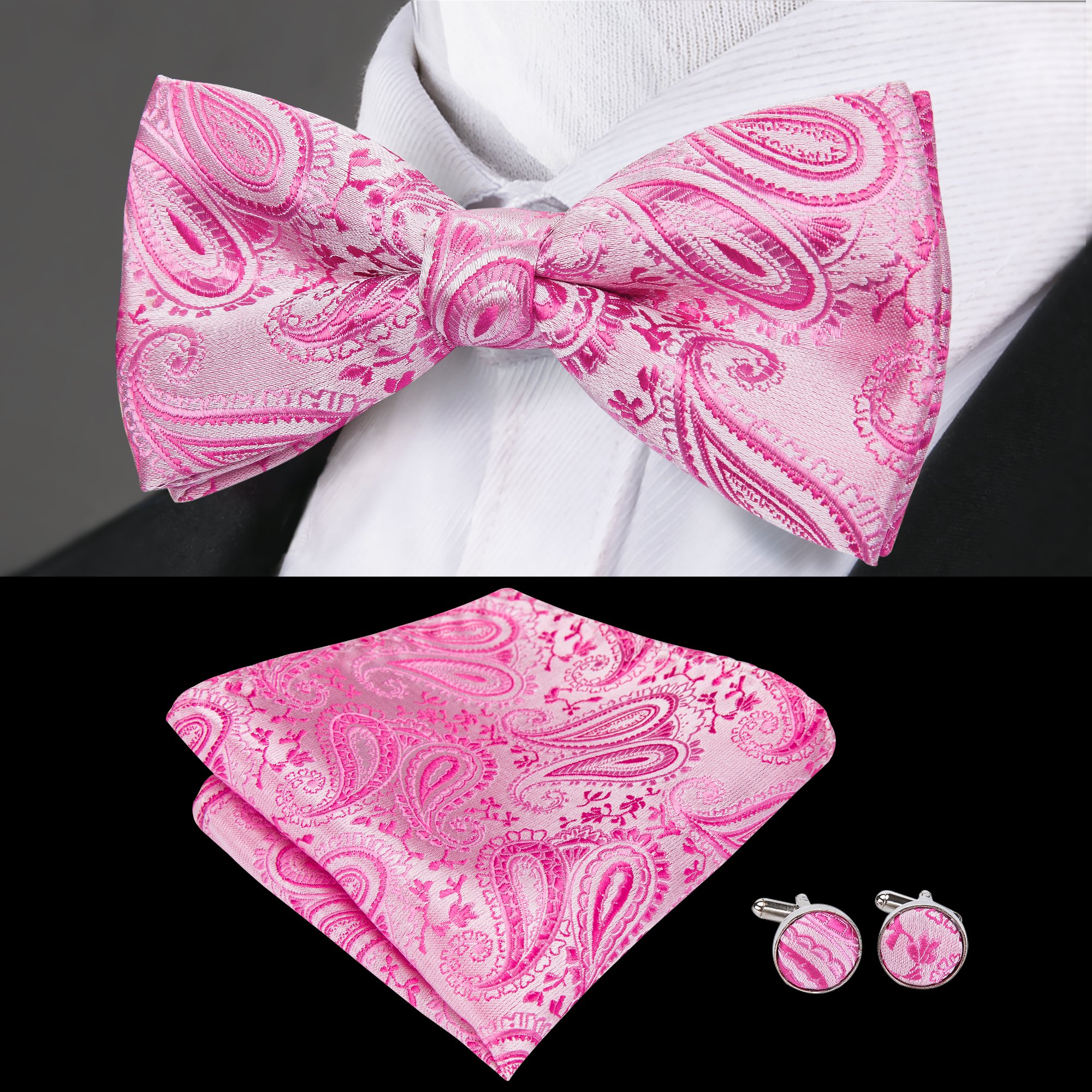 Fast Shipping Pink Silk Bow Tie Set with matching handkerchief, showcasing jacquard woven silk texture.