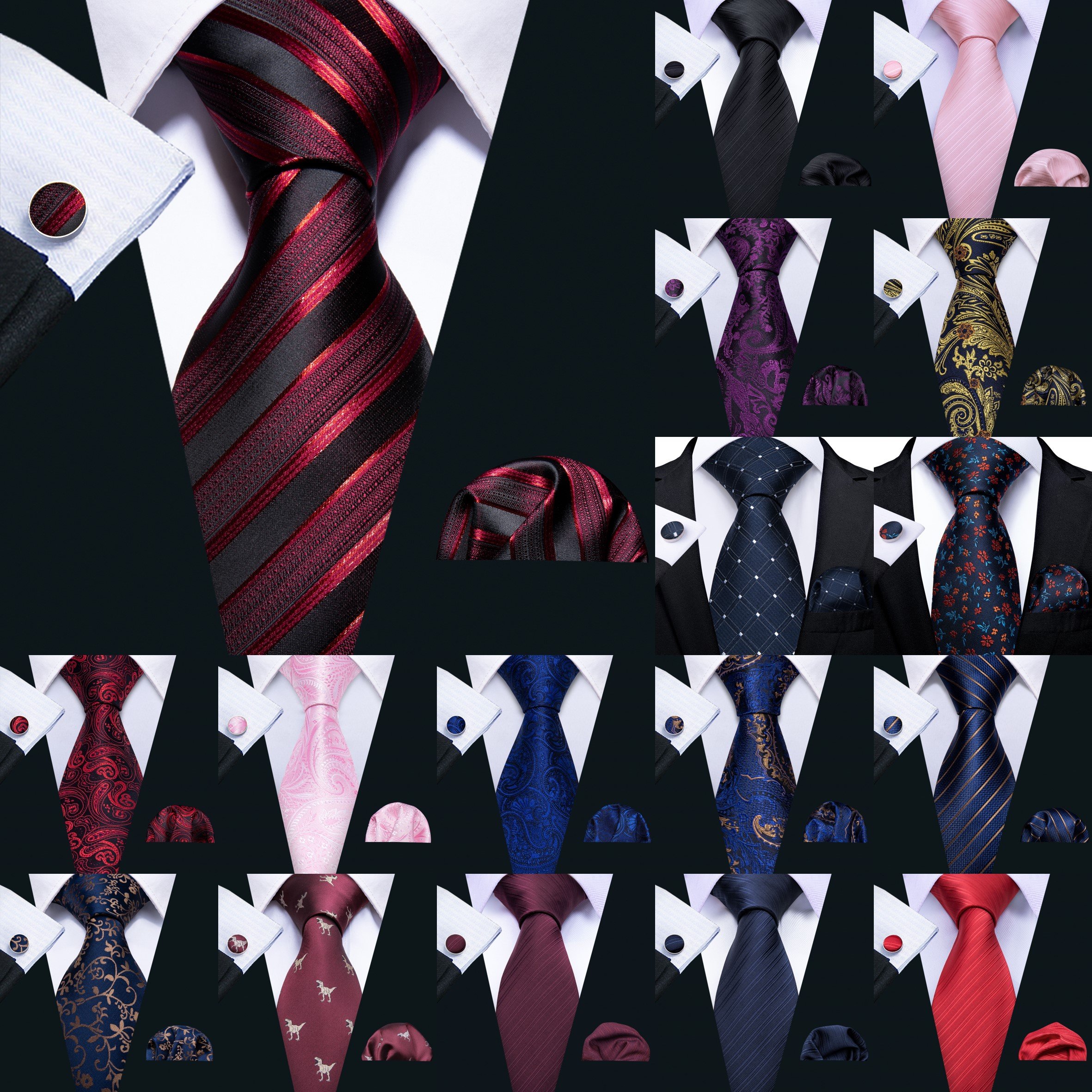 Fast Shipping Tie Set featuring red, black, blue, and pink silk neckties, matching hanky, and cufflinks displayed elegantly.