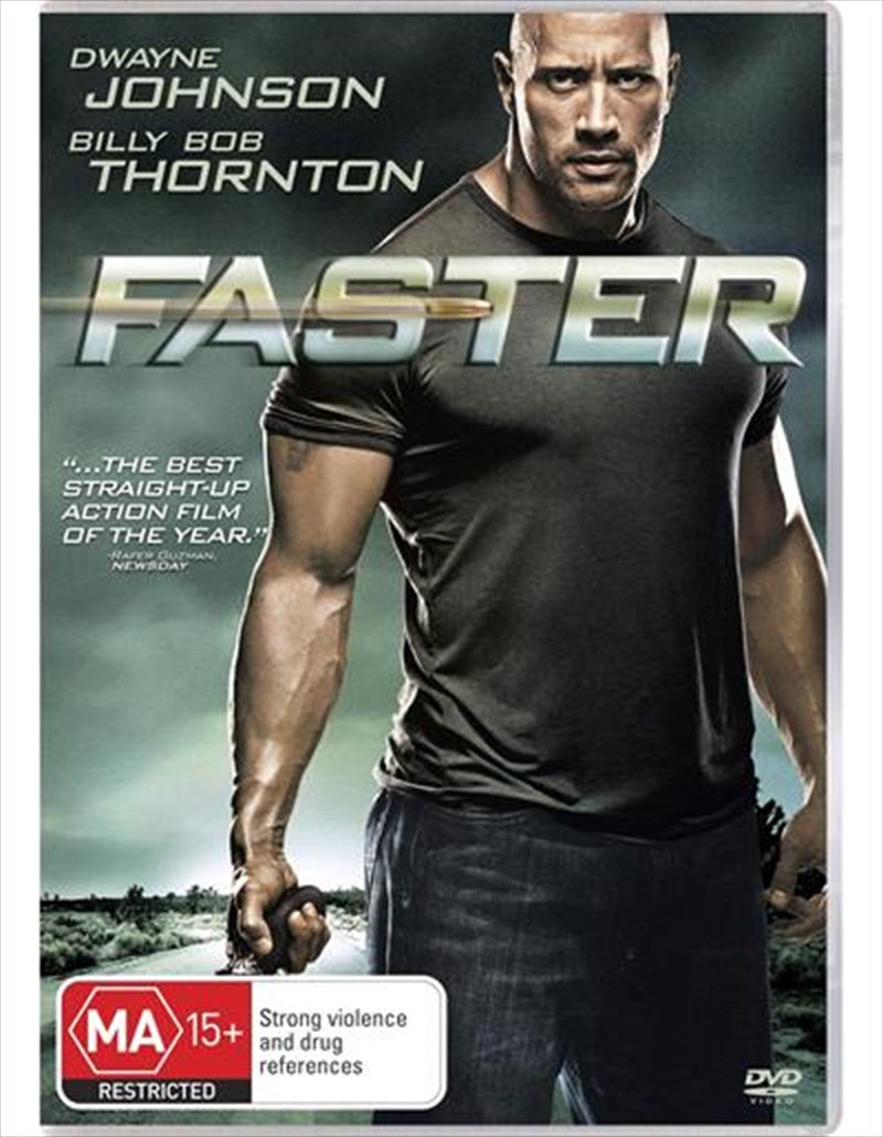 Faster DVD cover featuring Dwayne Johnson in an intense action pose, showcasing the film's thrilling theme of revenge.