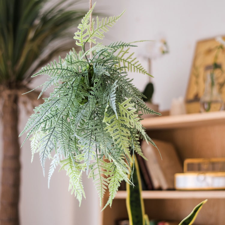 A lush Faux Artificial Asparagus Setaceus Hanging Fern Plant, showcasing vibrant green leaves and a realistic design, perfect for home decor.