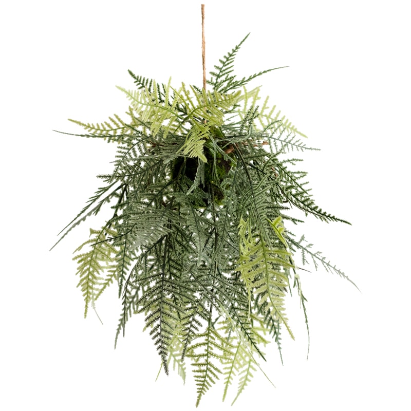 A lush Faux Artificial Asparagus Setaceus Hanging Fern Plant, showcasing vibrant green leaves and a realistic design, perfect for home decor.