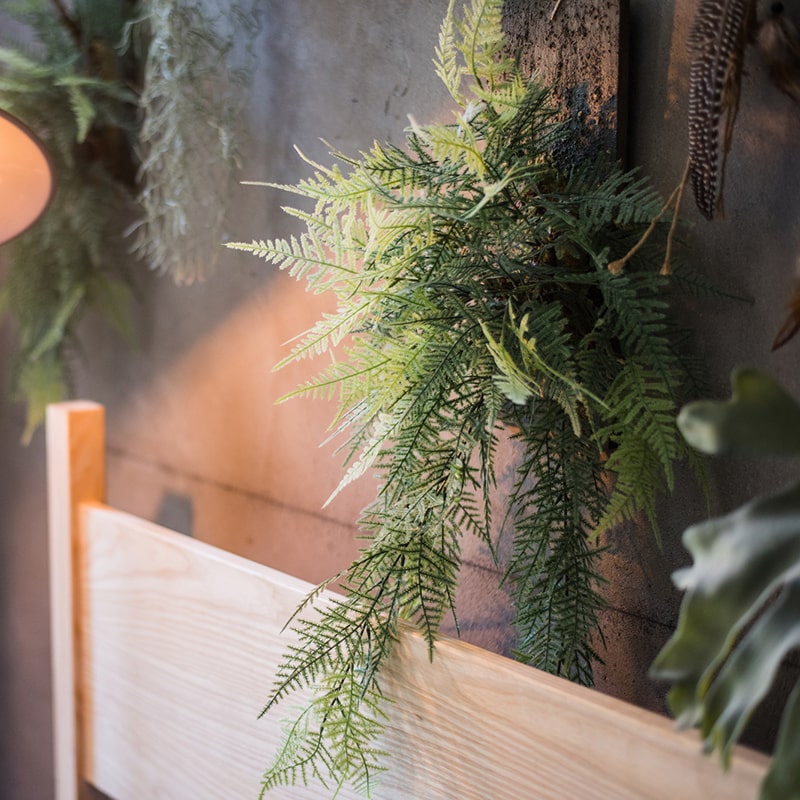 Faux Artificial Asparagus Setaceus hanging decoration on a wooden board, showcasing realistic green fronds.