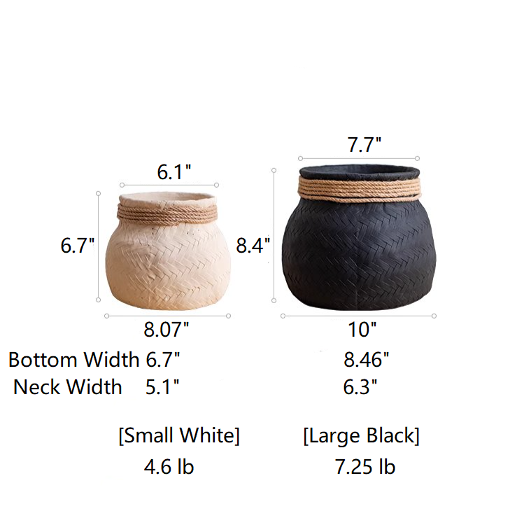 Faux Bamboo Woven Cement Planter in black and white with khaki hemp rope accents, showcasing its stylish design and drainage hole.