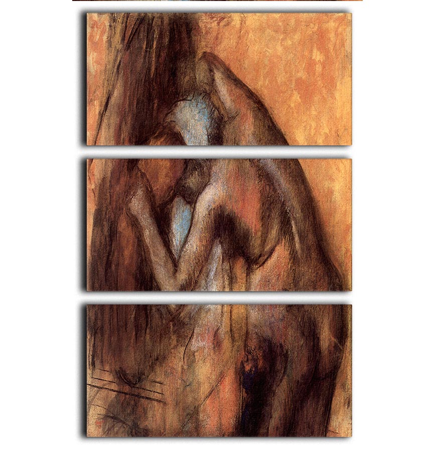 Three-panel canvas print featuring Degas' Female Act with Hairdrying, showcasing elegant art in a modern setting.