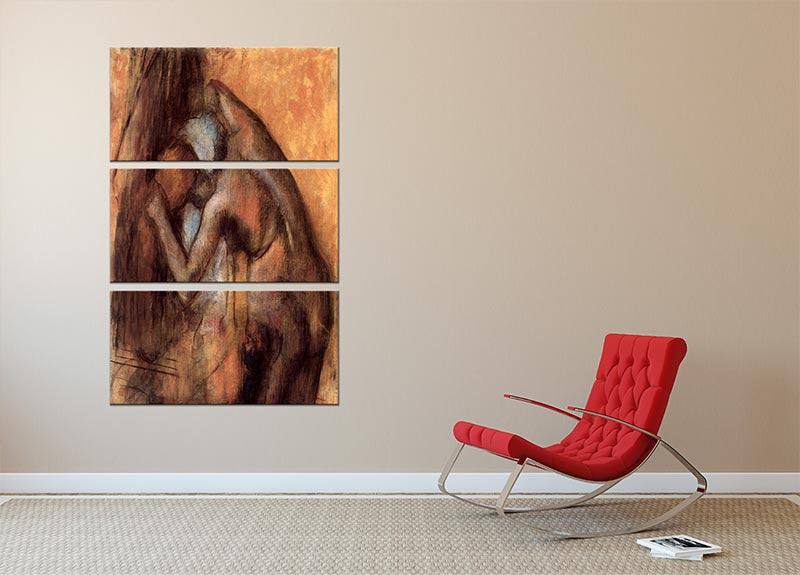 Three-panel canvas print featuring Degas' Female Act with Hairdrying, showcasing elegant art in a modern setting.