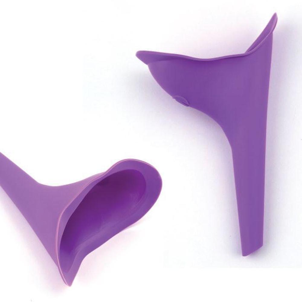 Female Portable Urinal in purple silicone, designed for women to urinate discreetly while traveling or camping.
