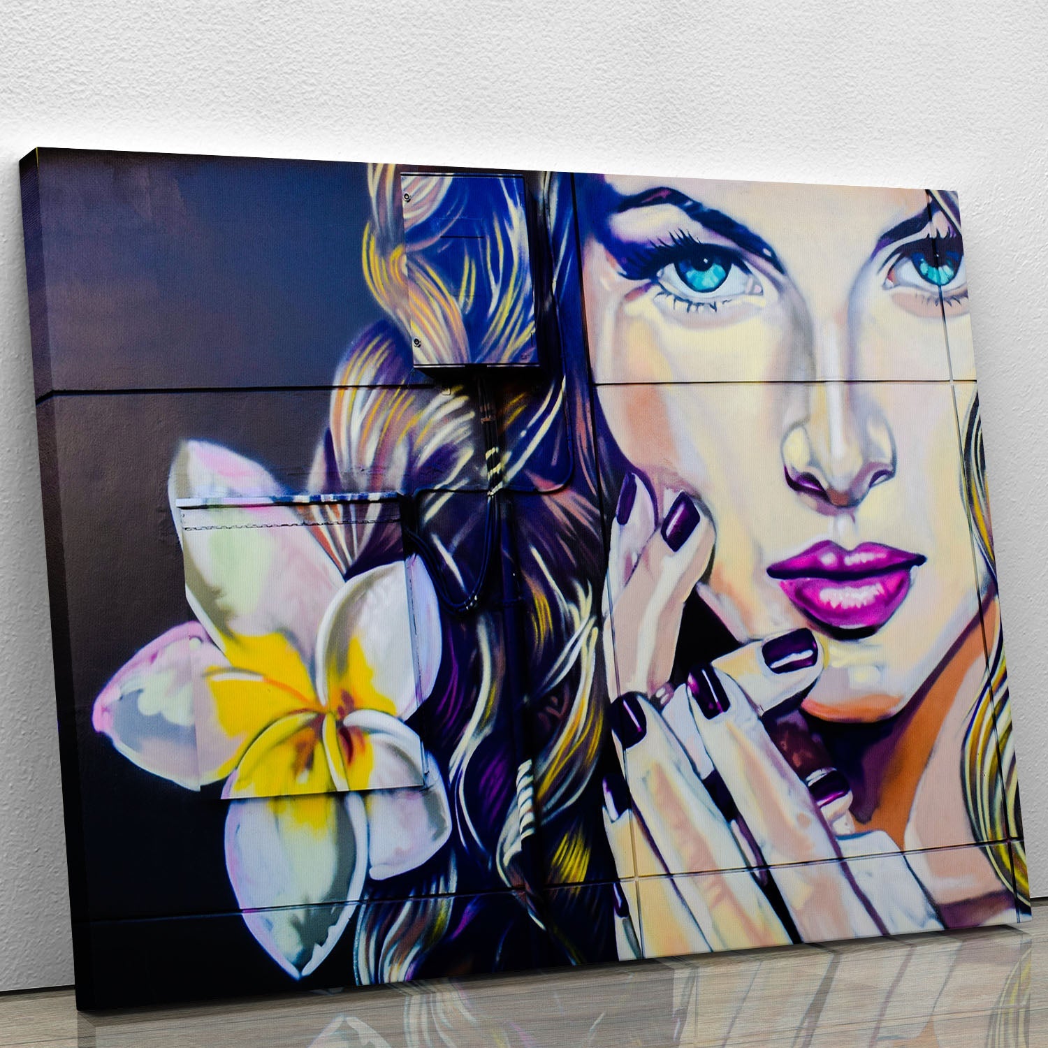 Femme Fatale Graffiti Canvas Print showcasing vibrant urban art with bold colors and intricate details.