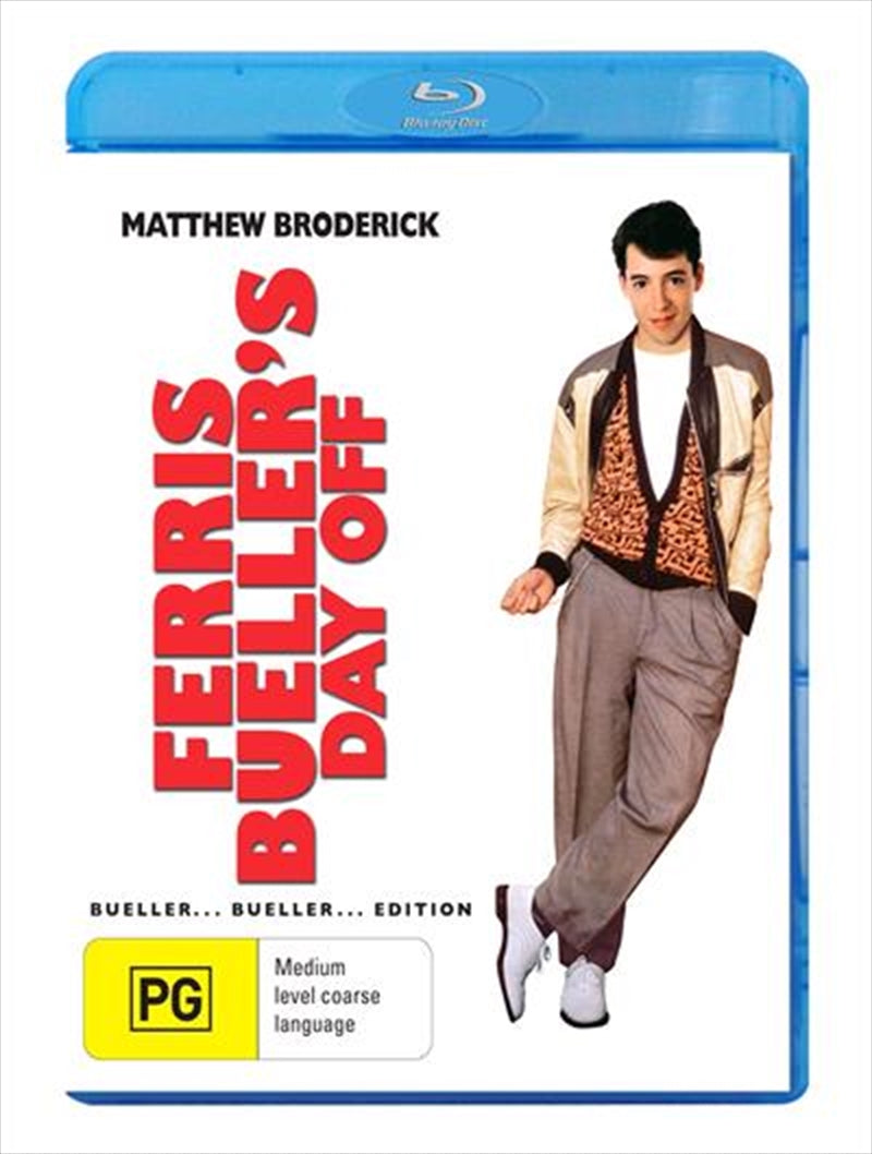 Ferris Bueller's Day Off Blu-ray cover featuring Ferris, Cameron, and Sloane in a vibrant city backdrop.