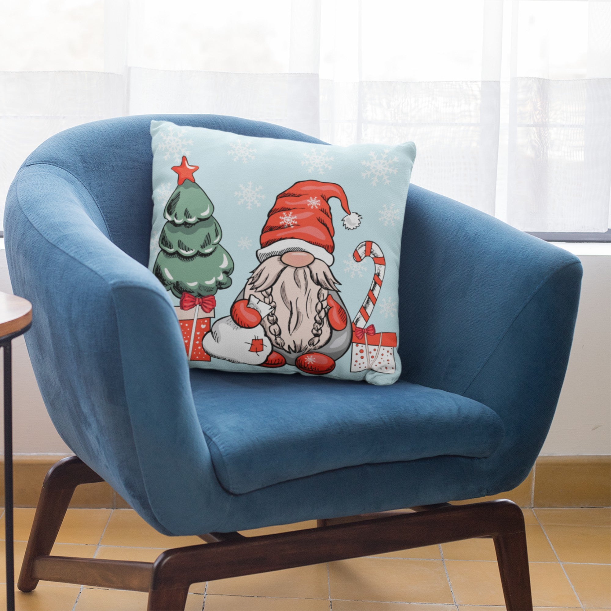 Festive Christmas Gnomes Pattern Throw Pillow Cushion featuring vibrant gnome illustrations on one side and a light cream back.