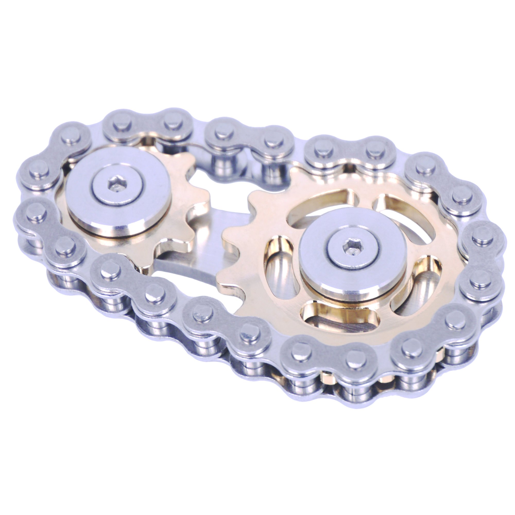 Fidget Chain Spinner featuring a bicycle chain design with two golden roulette gears, made of stainless steel for smooth spinning.