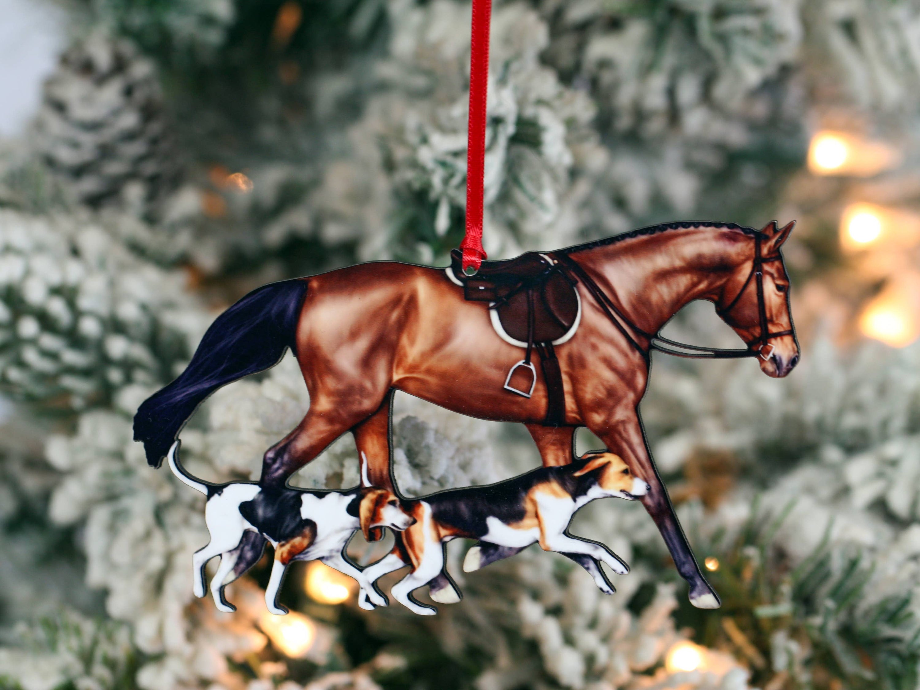 Field Hunter Horse Christmas Ornament featuring a bay horse and two hounds, made of composite wood with glossy finish.
