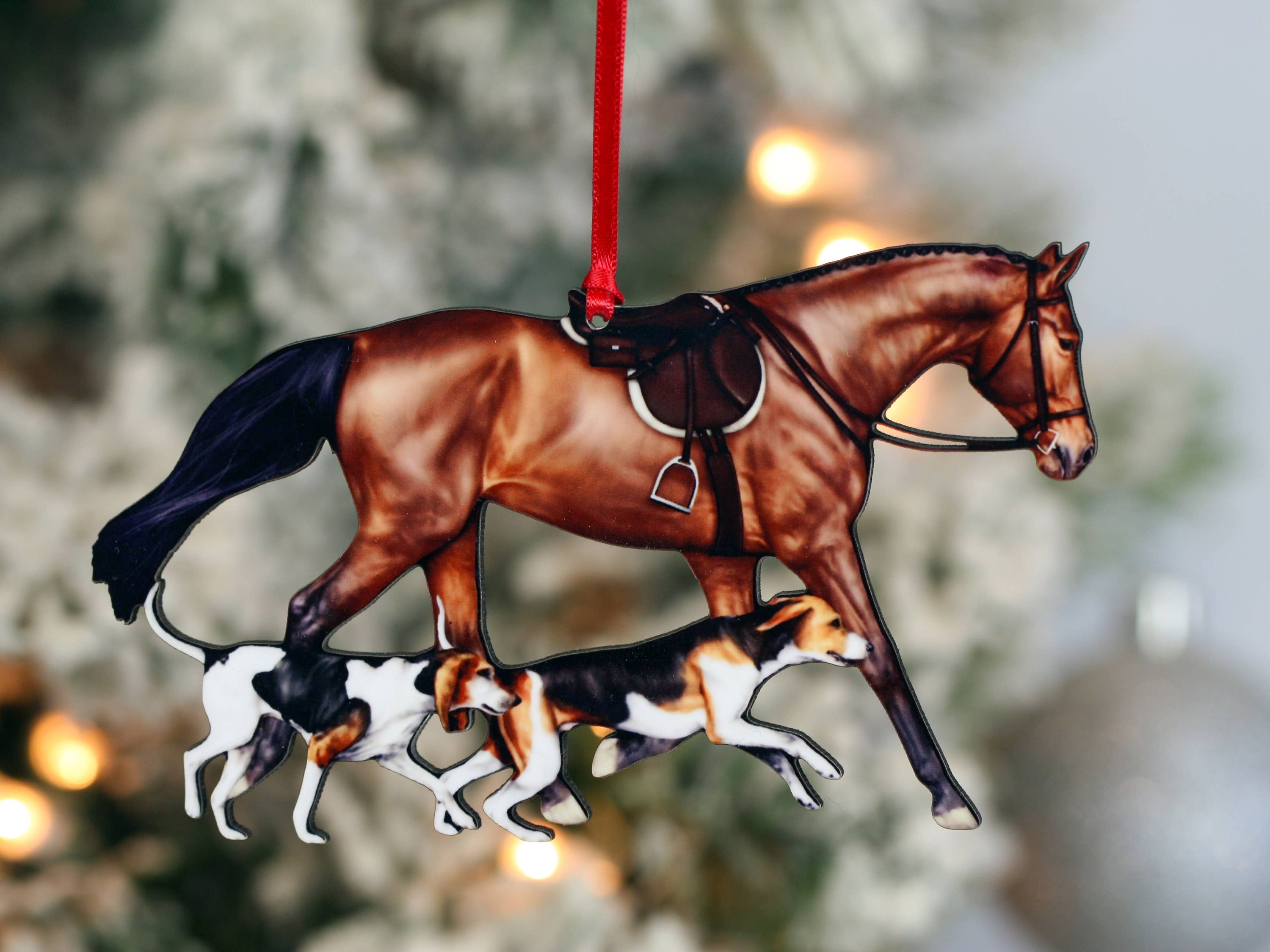Field Hunter Horse Christmas Ornament featuring a bay horse and two hounds, made of composite wood with glossy finish.