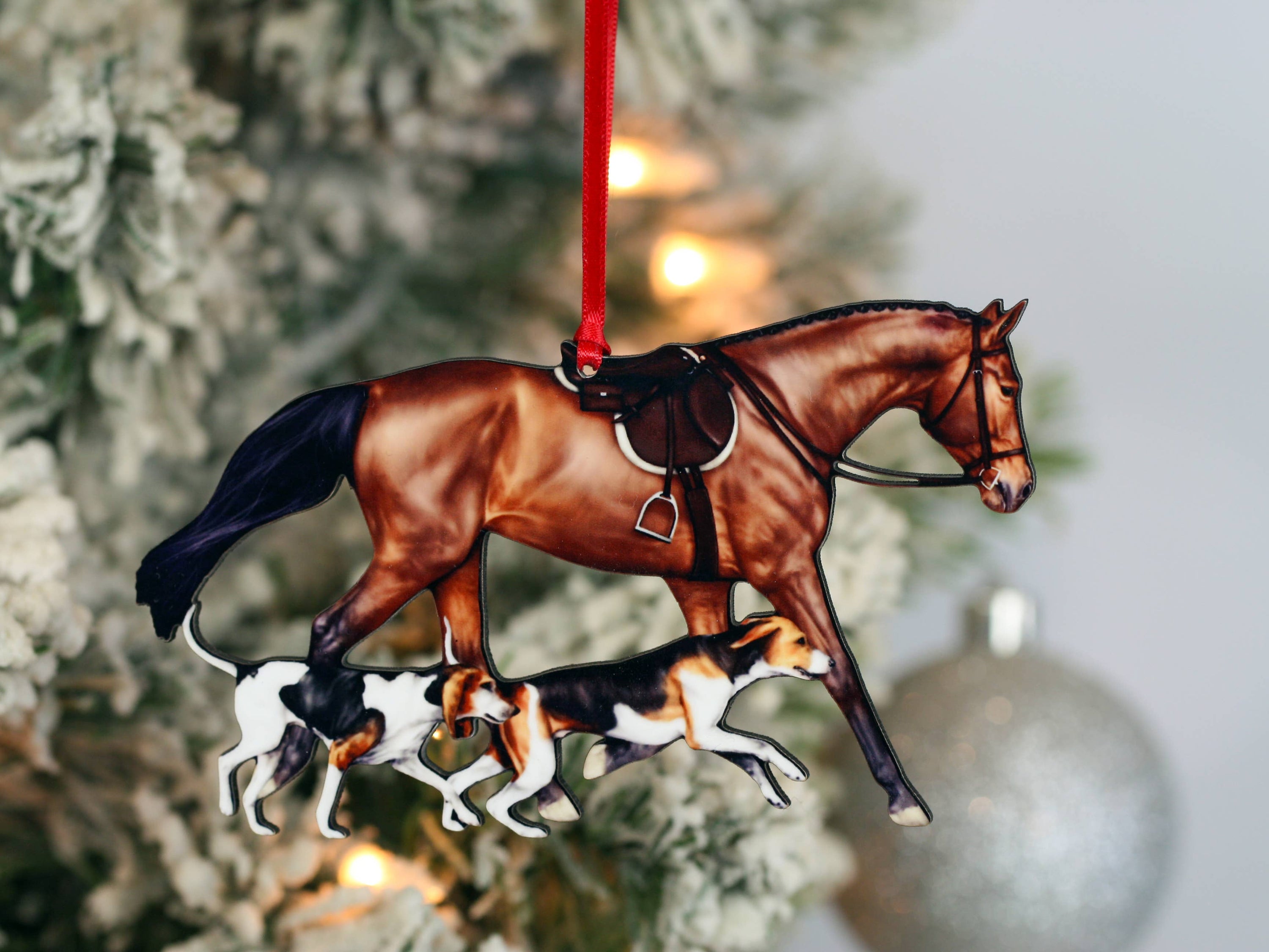 Field Hunter Horse Christmas Ornament featuring a bay horse and two hounds, made of composite wood with glossy finish.