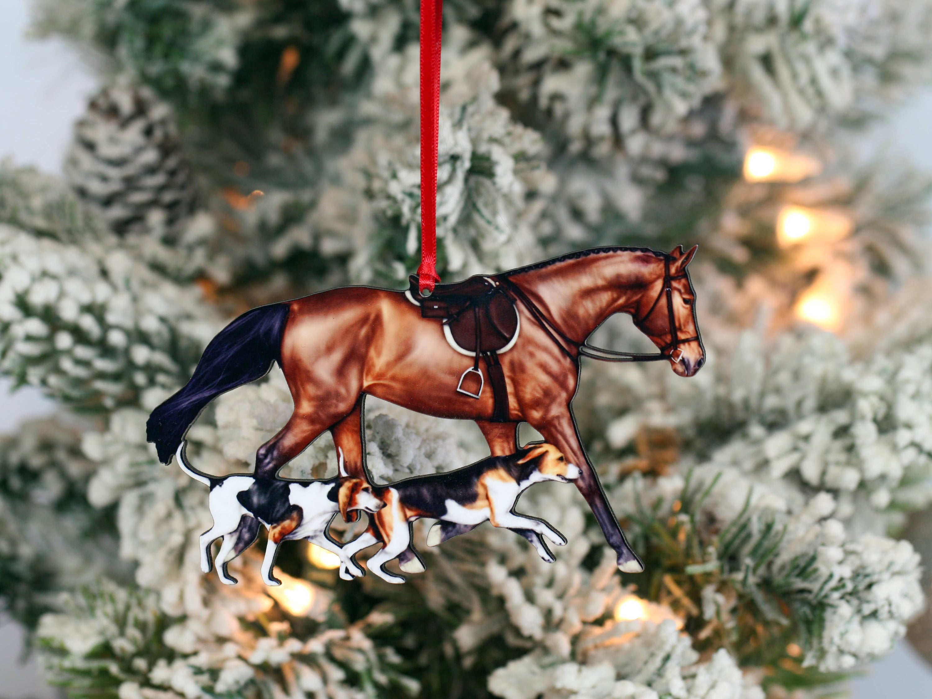 Field Hunter Horse Christmas Ornament featuring a bay horse and two hounds, made of composite wood with glossy finish.