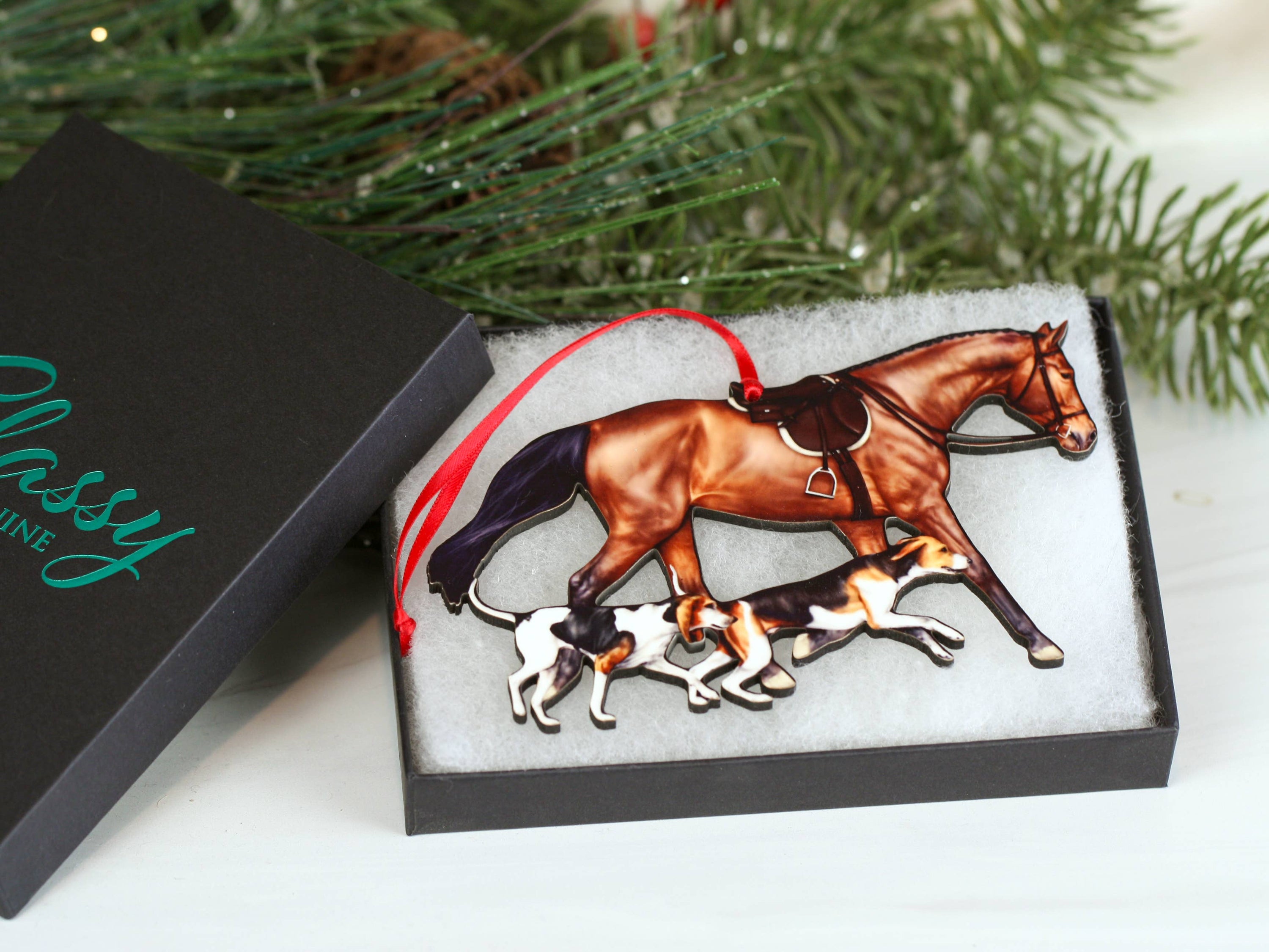 Field Hunter Horse Christmas Ornament featuring a bay horse and two hounds, made of composite wood with glossy finish.
