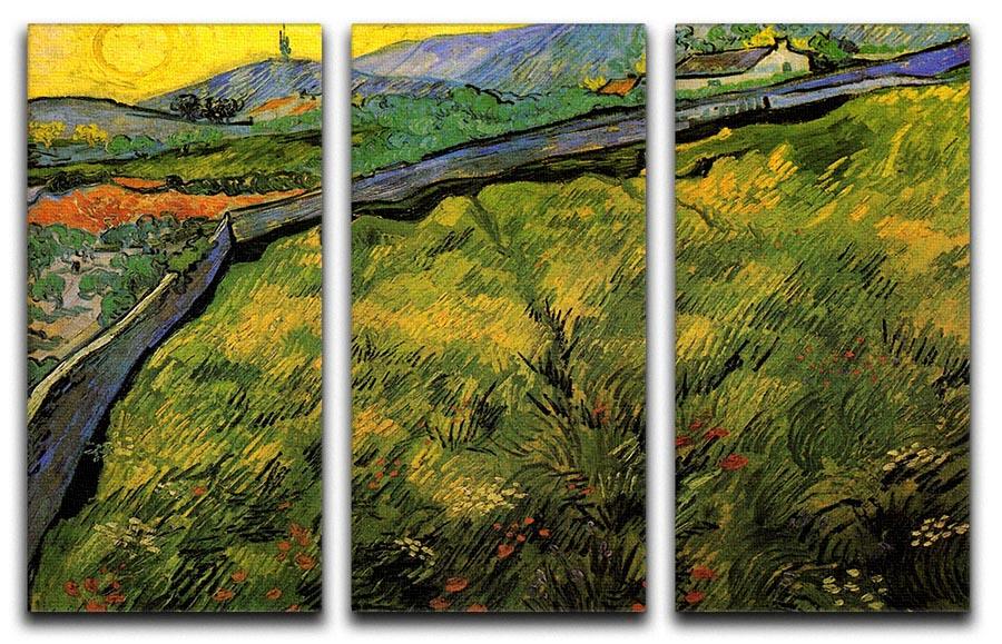 Three-panel canvas art featuring Van Gogh's Field of Spring Wheat at Sunrise, showcasing vibrant colors and intricate details.