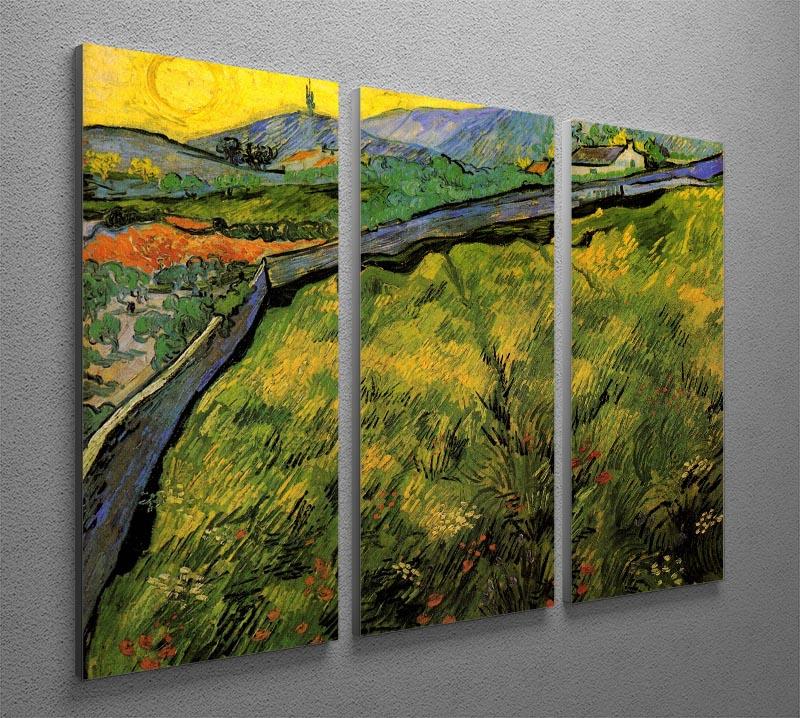 Three-panel canvas art featuring Van Gogh's Field of Spring Wheat at Sunrise, showcasing vibrant colors and intricate details.