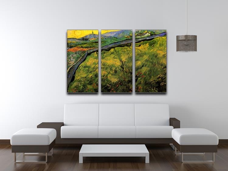 Three-panel canvas art featuring Van Gogh's Field of Spring Wheat at Sunrise, showcasing vibrant colors and intricate details.