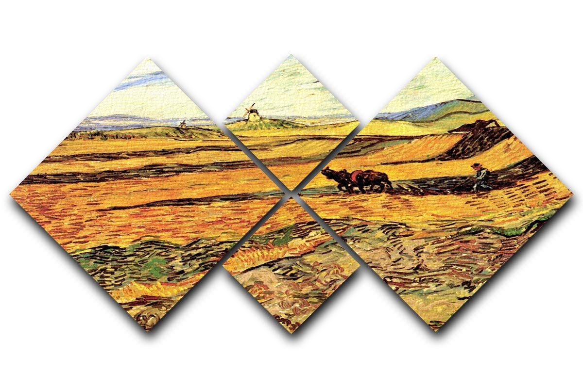 4 square multi-panel canvas featuring Van Gogh's Field with Ploughman and Mill, showcasing vibrant colors and intricate details.