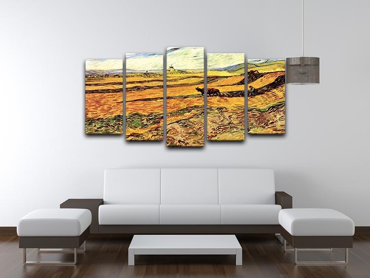 5-split canvas artwork featuring Van Gogh's Field with Ploughman and Mill, showcasing vibrant colors and dynamic design.