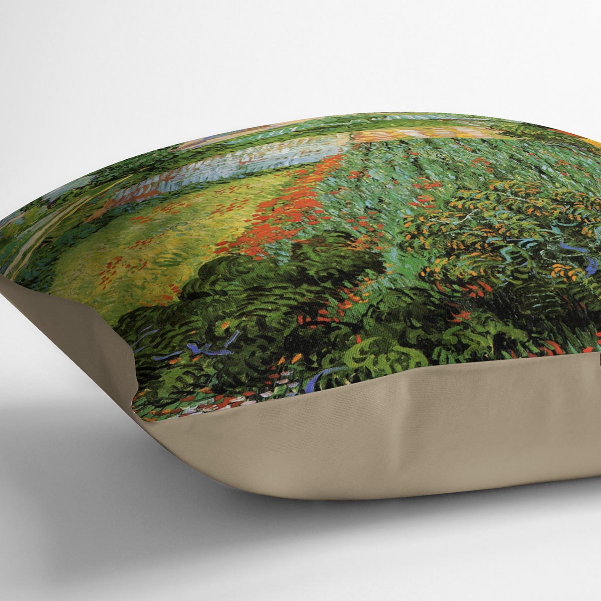 A vibrant cushion featuring Van Gogh's Field with Poppies design, made from luxurious vegan faux suede.