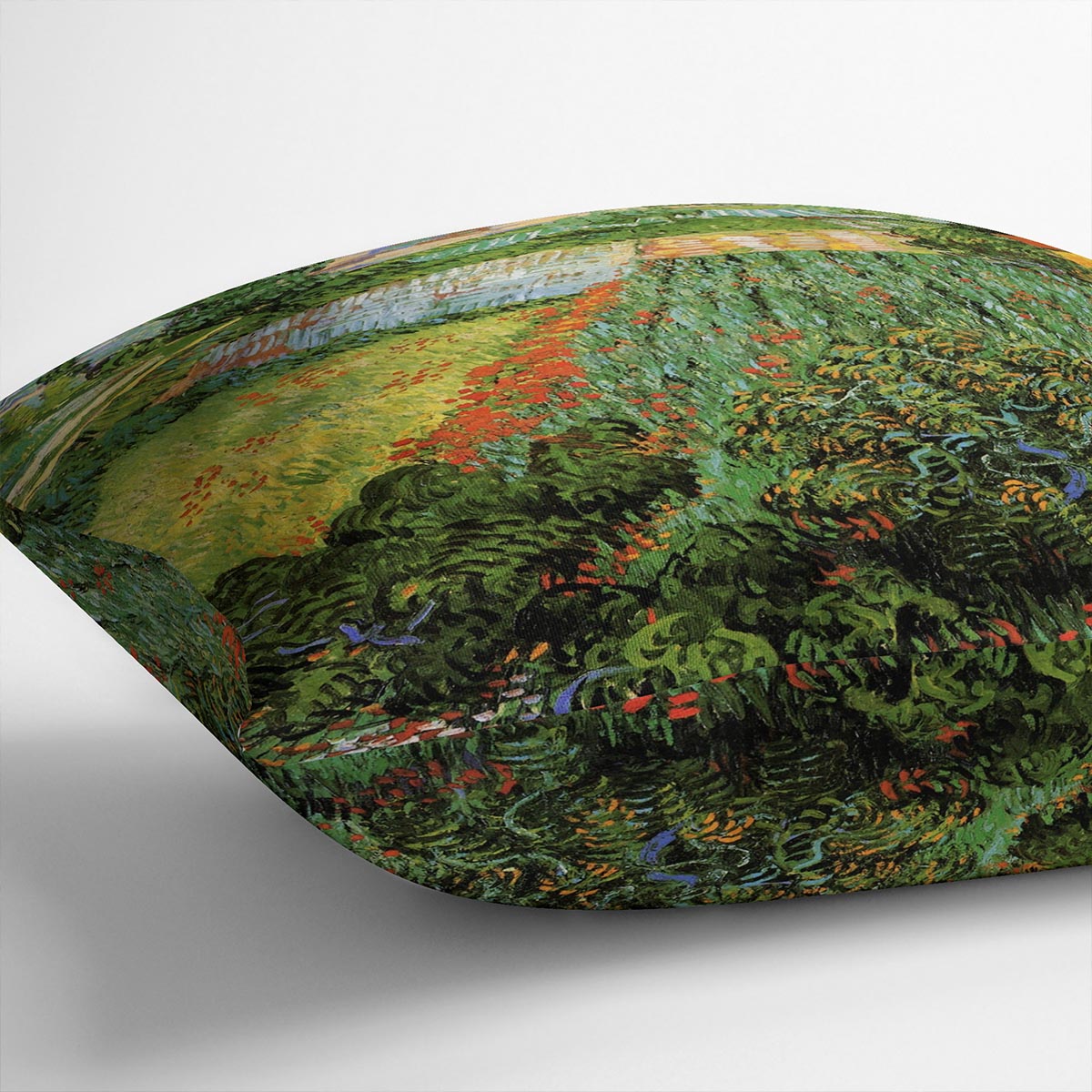 A vibrant cushion featuring Van Gogh's Field with Poppies design, made from luxurious vegan faux suede.