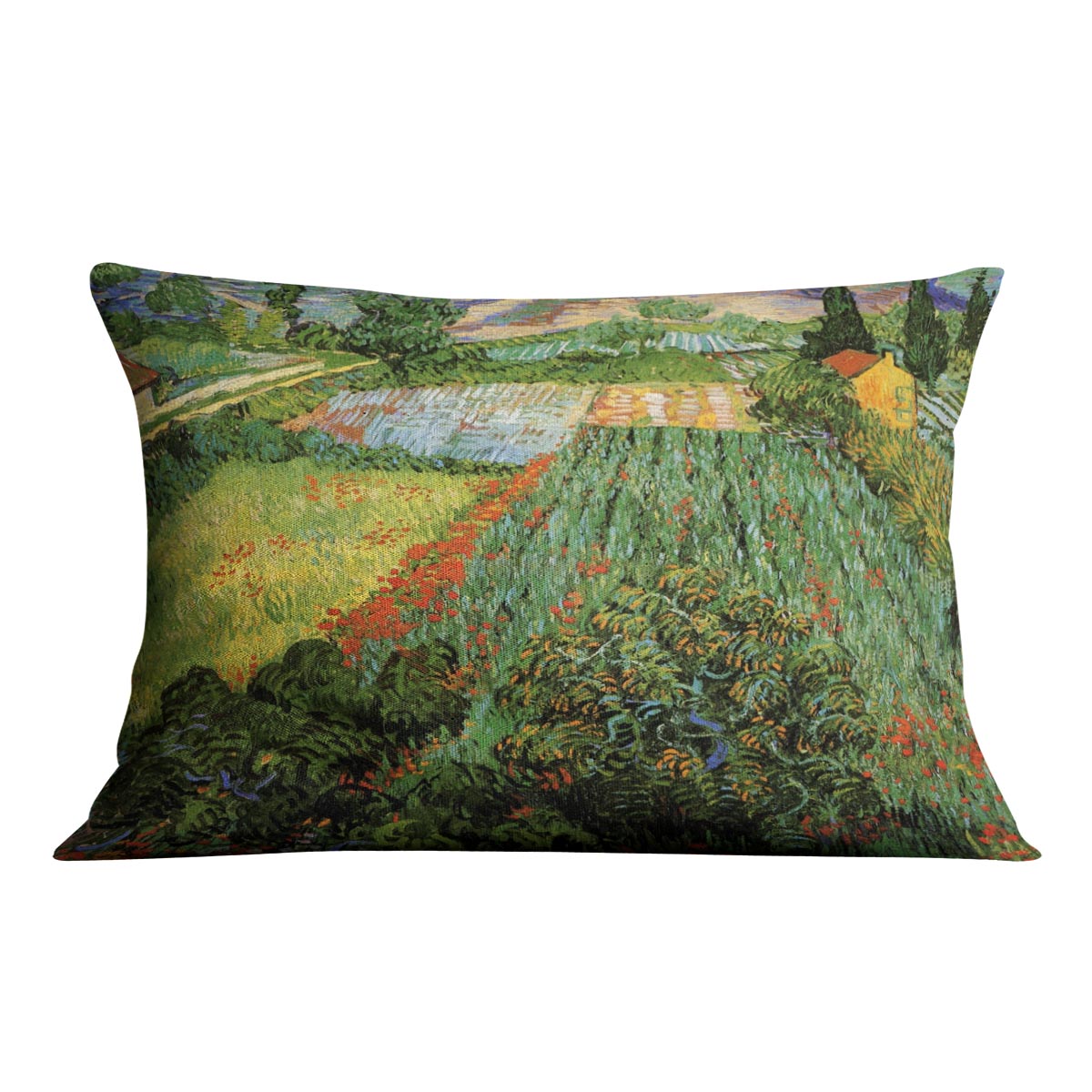 A vibrant cushion featuring Van Gogh's Field with Poppies design, made from luxurious vegan faux suede.